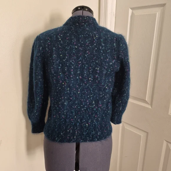 Vintage Haur Hwa Teal Blue/Green Wool Cardigan Sweater w/ Colorful Flexs Med. - Picture 3 of 5